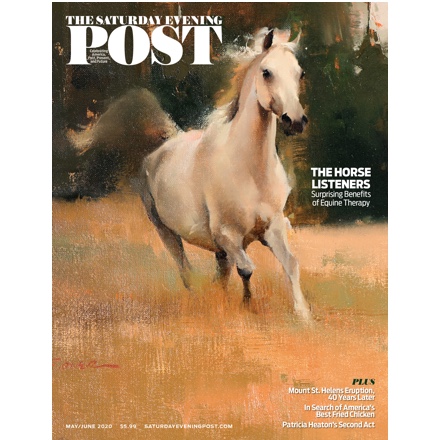 The Saturday Evening Post magazine cover. Painting of a white horse galloping.